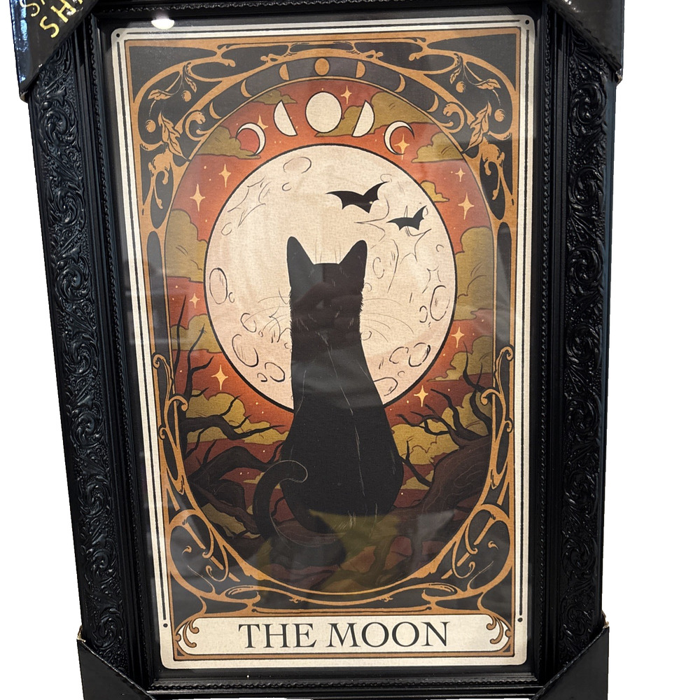 Sapna Shah "The Moon" Black Cat Halloween Tarot Card Framed Wall Art 12x18 NEW